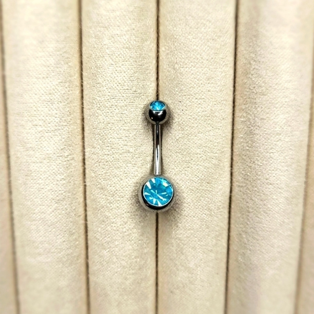 Aqua Blue Double Gem Navel Curve Barbell Belly Ring 14 Gauge